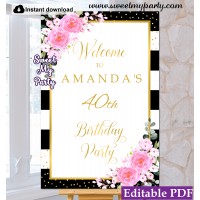 40th 50th 60th birthday welcome sign template,Pink flowers welcome sign template, (134ap)